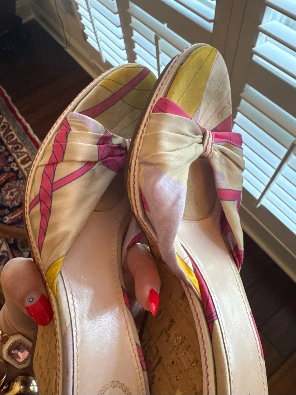 Emilio Pucci Pink and Yellow Knot Slide Wedges